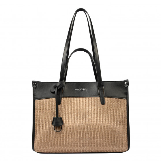 Naisten rantalaukku 045g 01 musta napa+karaamelli raffia