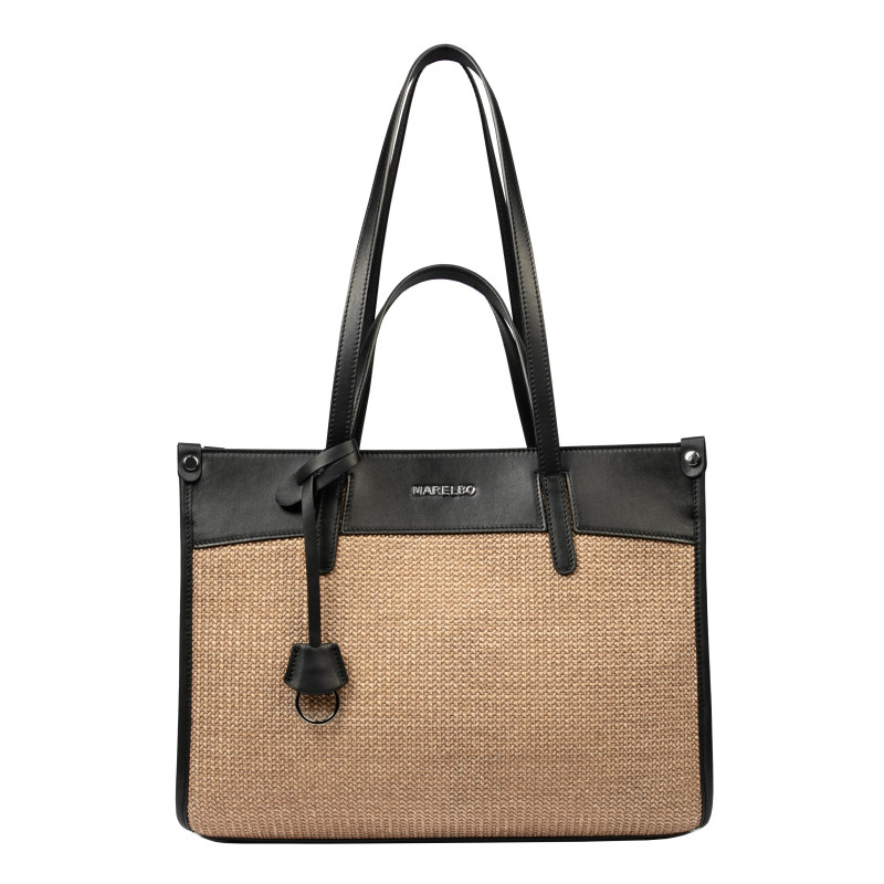 Naisten rantalaukku 045g 01 musta napa+karaamelli raffia