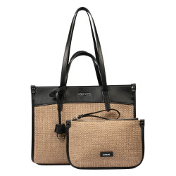 Naisten rantalaukku 045g 01 musta napa+karaamelli raffia